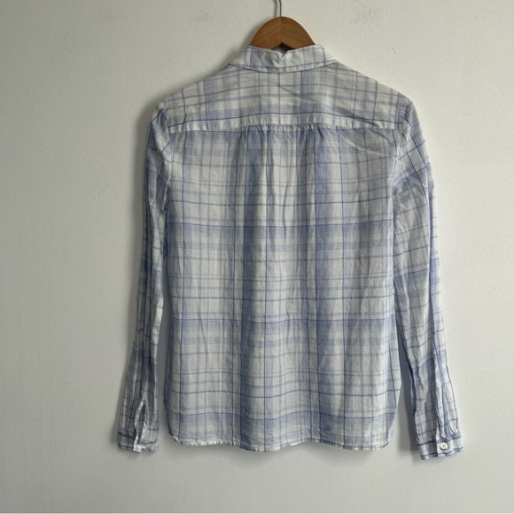 LOFT Plaid Linen Blend Button Blouse Peter Pan Collar Preppy White Blue Spring - Picture 8 of 12